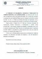 Câmara realizará audiência pública para receber propostas para o orçamento municipal de 2022.